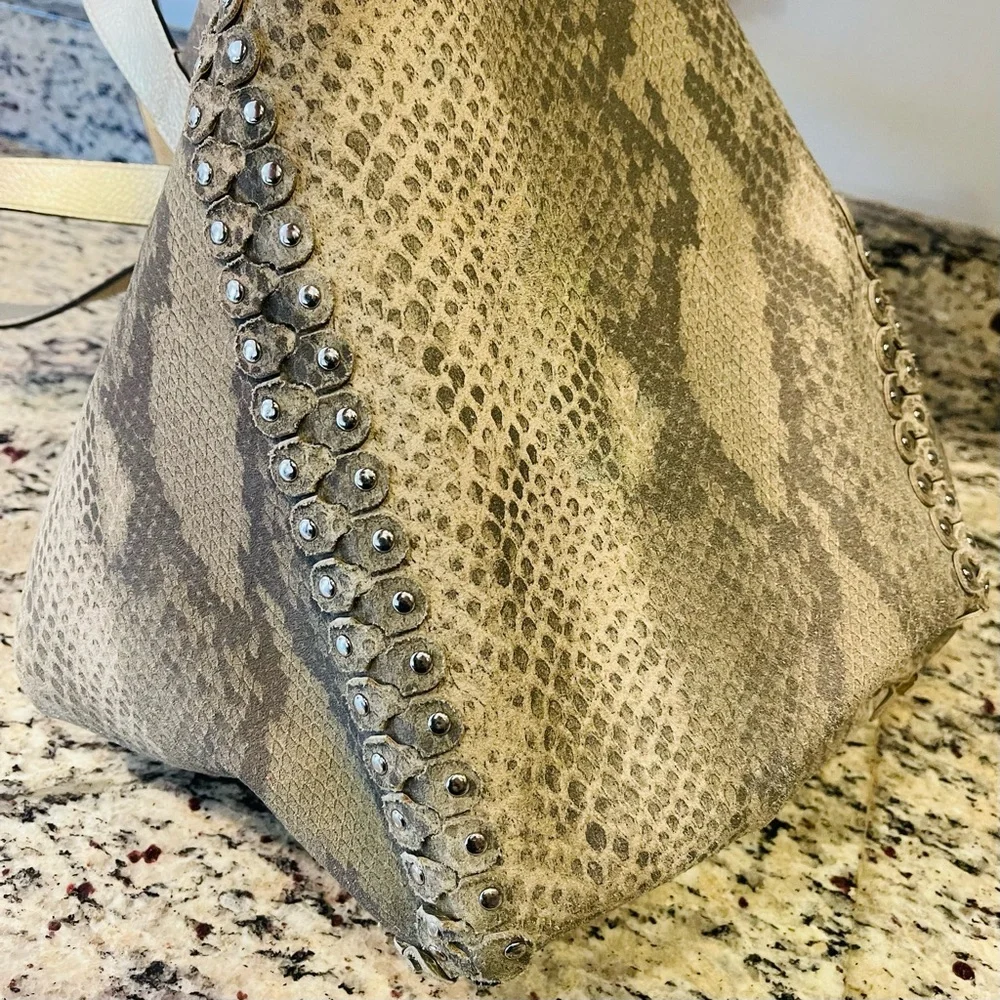 HENRI BENDEL Astrid Reversible Leather Suede Metallic Gold Snakeskin Python Hobo